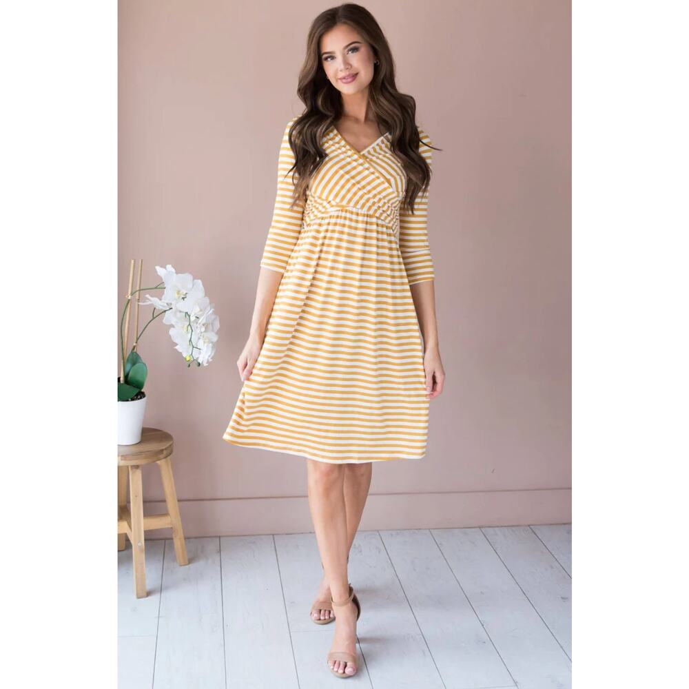 Reb. in J. Mustard and Ivory Striped V Neck Crossover Midi Dress Sz L NWT Career